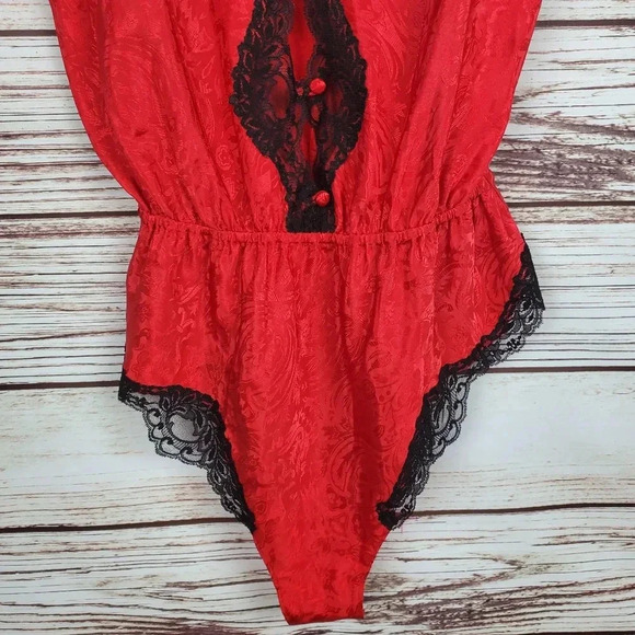 Delicates Womens Small Vintage Red&Black Floral Satin&Lace Teddy Bodysuit - Picture 4 of 9
